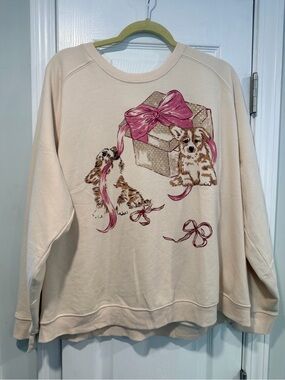 NWOT Maeve Anthropologie Size 1X Dog Gift Bow Graphic Sweatshirt Beige Gold